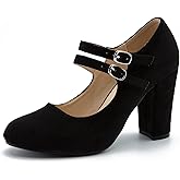 Women's Mary Jane Pumps, Double Strap, Chunky Block High Heel, Round Toe, 3.54 Inch Dress Shoes