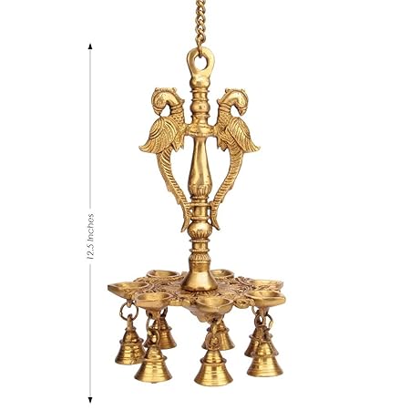 Kartique Peacock Wall Hanging Brass Diya with Bells | Home Decor | Chain Diya