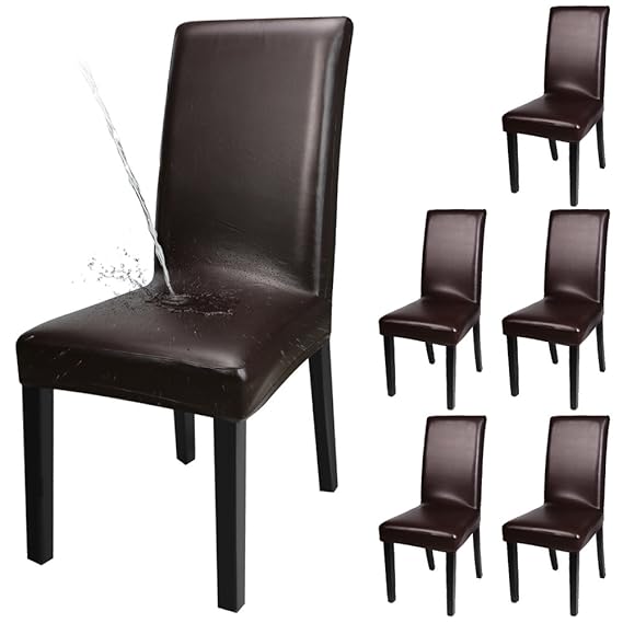 YISUN 4er/6er Set Esszimmer Stuhlhussen, solide Pu Leder Wasserdichte Stretch Esszimmerstuhl Schutzhülle (6-Stück, Braun)