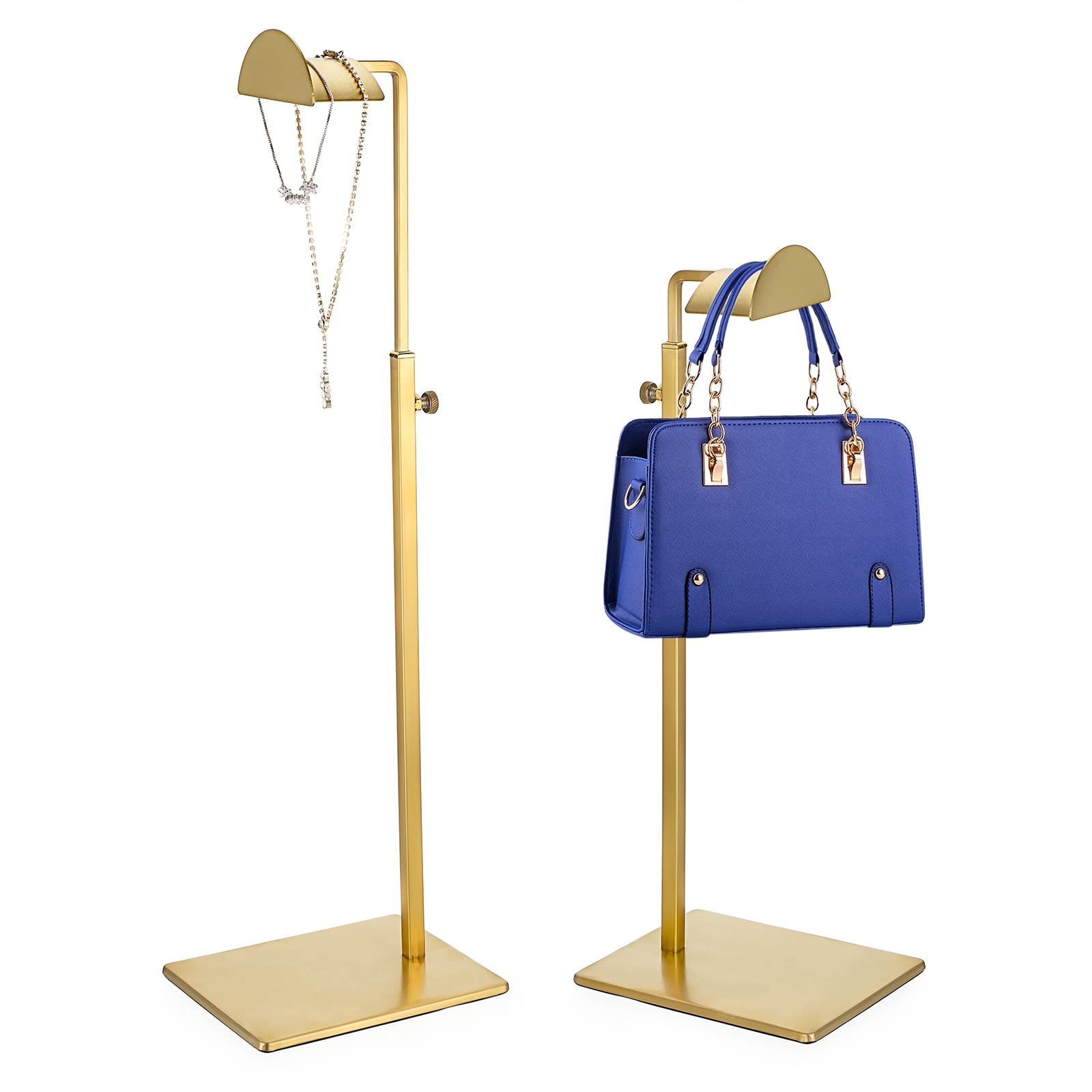 OLegei Set of 2 Adjustable Handbag Display Rack Stainless Steel Purse Display Holder Stand Shoulder Bags ,Scarves, Hats, Necklaces Hanging Stand for Retail, Home (Gold)