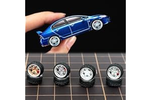 WAVEIST 1/64 Wheels for Upgraded Mainline Cast Model Car,Diameter is 0.39In, Tree Fork Spokes, 4 Sets/Pack, ABS Wheels with Rubber Tires Rivet Shaft Metal Rims with Brake Pads (PS-C)