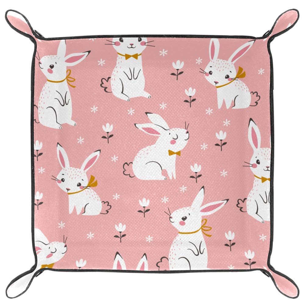 Seamless Pattern of Cute White Bunnies Dice Tray, Folding Tray PU Leather Dice Rolling Tray Holder f