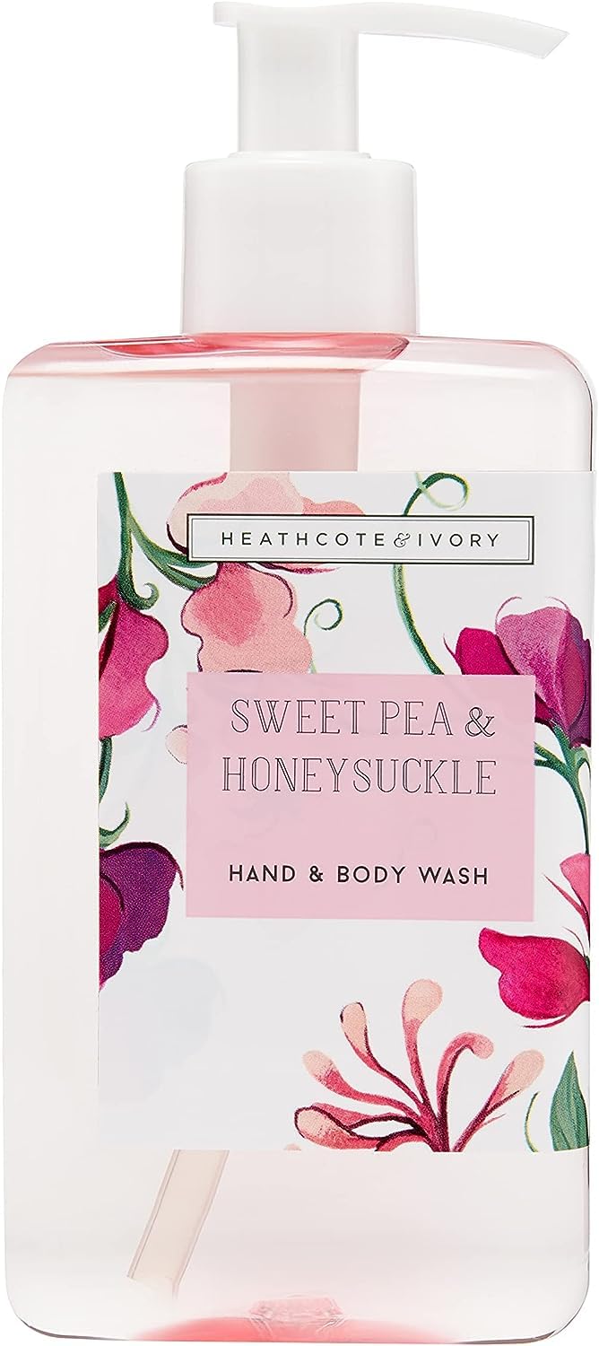 Heathcote & Ivory Hand and Body Wash 250ml, Sweet Pea and Honeysuckle Scented, Leaves Skin Feeling Soft, Travel Size, Vegan Friendly and Cruelty Friendly, Beauty Gift For Her