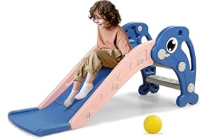 NYEEKOY 3 in 1 Toddler Slide, Baby Plastic Slide Climber Playset with Basketball Hoop and Ball, Indoor and Outdoor Playground for Kids