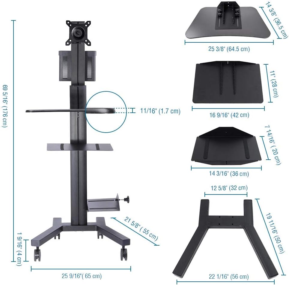 AW Adjustable Rolling PC Mobile Cart 25x22x69" Monitor Mount Printer Deck Aluminum Computer Desk Sit Stand Workstation Black : Office Products