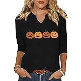 3/4 Sleeve Fall Shirts for Women V Neck Witch Pumpkin Ghost Skull Graphic Halloween Thanksgiving Party Tops