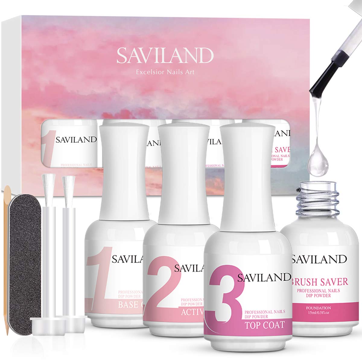 Saviland 4pcs*15ML Dipping Powder Liquid Set - Dip Powder Activator Base Top Coat and Brush Saver for Nail Kit
