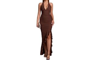PARTHEA Womens Deep V Neck Halter Dress Ruched Bodycon Long Dress Ruffle Hem Backless Elegant Gown for Fall Wedding Party