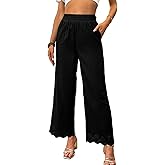 Dokotoo Casual Pants for Women High Waisted Elastic Wide Leg Pants Eyelet Lace Hem Trousers with Pockets
