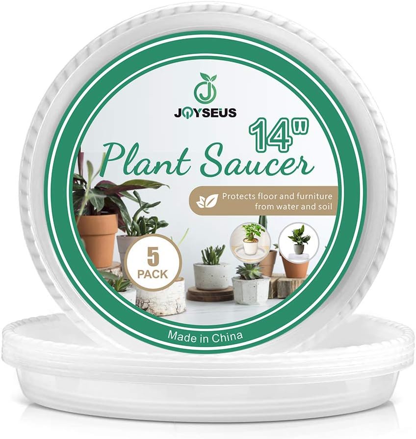 JOYSEUS 5 Pack of 14 inch Plant Saucers - Durable Plastic Plant Tray for Flower Pots, Clear Plant Saucer for Indoor Plants Pots & Outdoor Plants