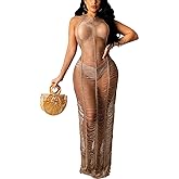 Women Sexy Halter Sleeveless Mesh See Through Crochet Maxi Long Dress Backless Knitted Beach Bikini Swimsuit Cover Ups
