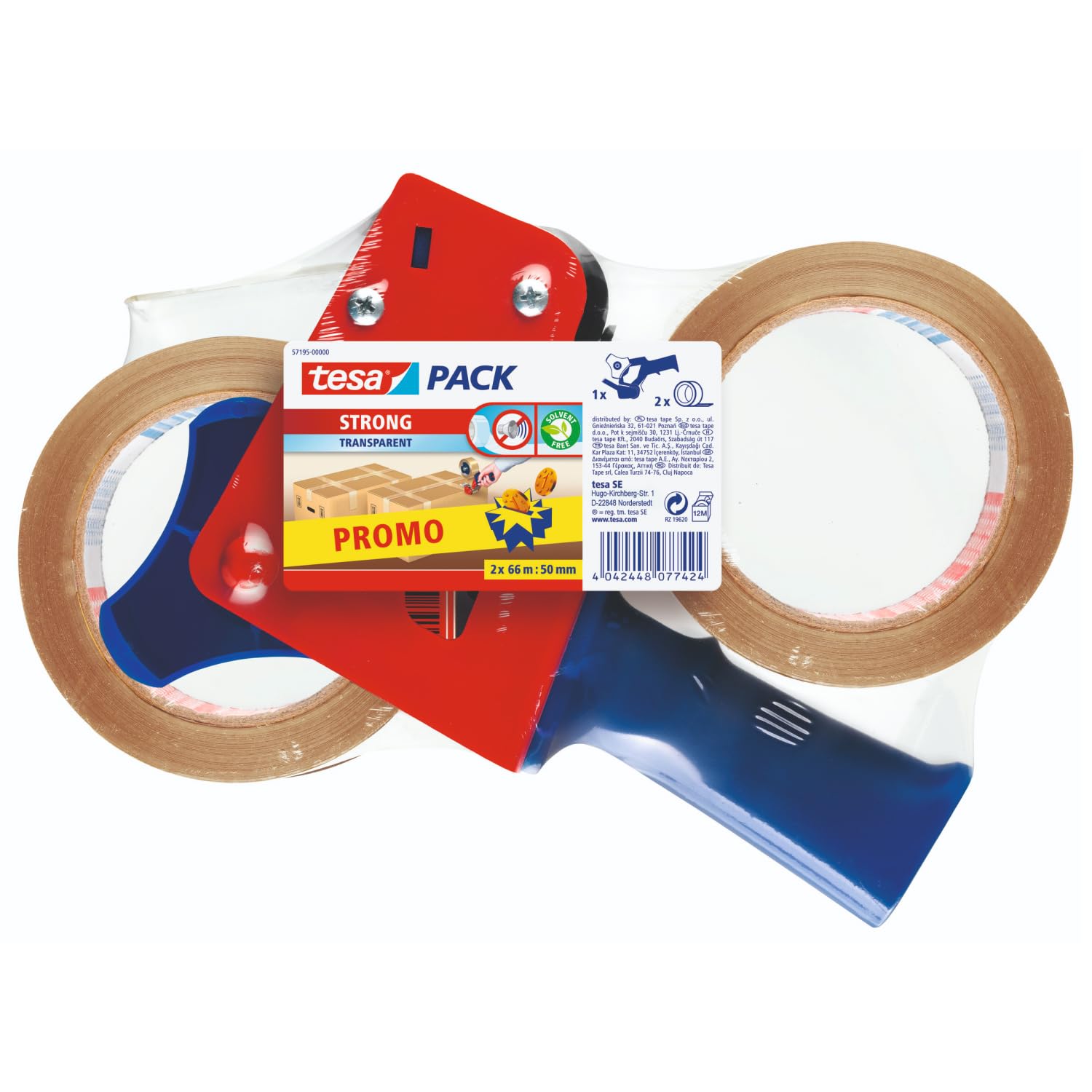 tesa Paketband-Abroller und tesapack Paketbänder im Set - 2 x hochwertiges Packband inklusive 1 Abroller - Transparent - 66 m x 50 mm