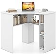 Tangkula White Corner Desk with Storage Shelves, Space-Saving Triangle Study Writing Desk with Adjustable Shelves, Corner Makeup Vanity Desk for Bedroom, Corner Desk for Small Space