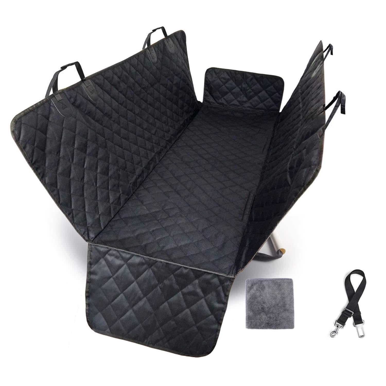 Dog Hammock, Rear Car Seat Cover for Dogs with Side Flaps, Water-proof Protector for Pet Rear Seat Cover, Heavy Duty Non-Slip Universal Size(137*147cm) with Dog Seat Belt for Cars Trucks & SUV(Black)