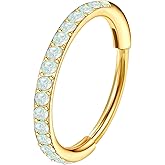 MJust Opal Nose Hoops for Women Men - 316L Surgical Steel Hinged Nose Rings 20G Clicker Septum Nose Ring Lip Helix Cartilage Hoop Earring Daith Rook Conch Body Piercing Jewelry 6MM 7MM 8MM 10MM