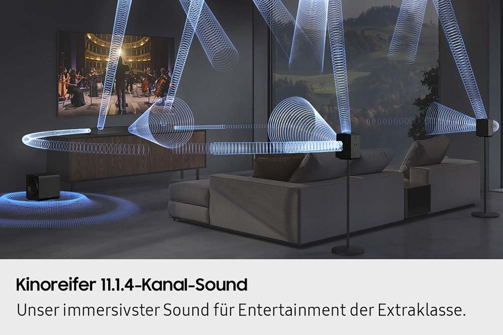 Samsung HW-Q995GF Q-Series 11.1.4-Kanal-Soundbar für Fernseher, Kabelloser 8"-Dual-Subwoofer, 4.0.2-Kanal-Rücklautsprecher, Kabelloses Dolby Atmos und DTS:X, SpaceFit Sound Pro, Q-Symphony 6