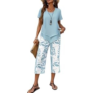 heluqu Capri Sets Women 2 Piece Outfits Summer Tiered Top Printed Wide Leg Capris Pants Lounge Sets Beach Vacation Outfits
