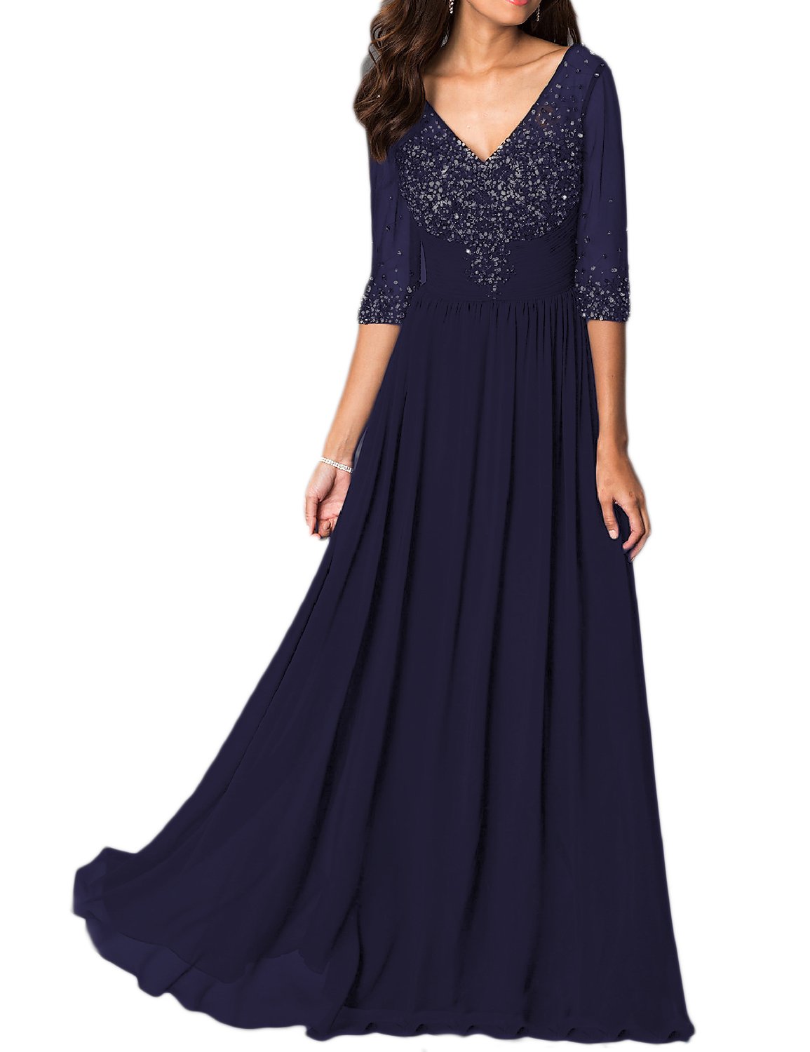 OYISHA Womens 1/2 Sleeve Beaded Chiffon Evening Dress Formal Wedding
