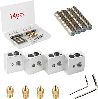 RUNCCI-YUN 4x MK8 Extruder Nozzle 0.4mm Brass, 30mm Throat Tube, Heating Block