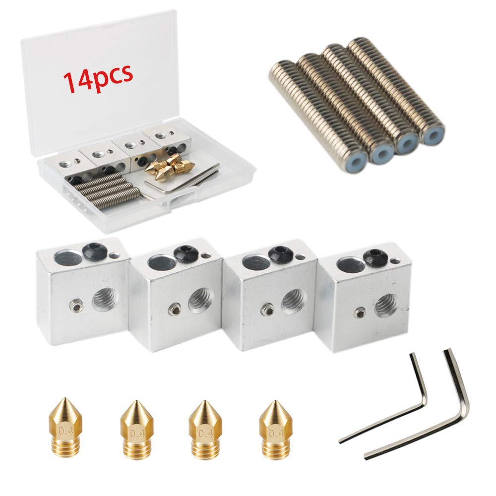 RUNCCI-YUN a8 extruder kit 4pcs 30MM Length Extruder 1.75MM Teflon Throat Tube and 4pcs 0.4MM Brass Extruder Nozzle Printheads and 4Pcs Heating Blocks Hotend for MK8 Makerbot Anet A8 3D Printer