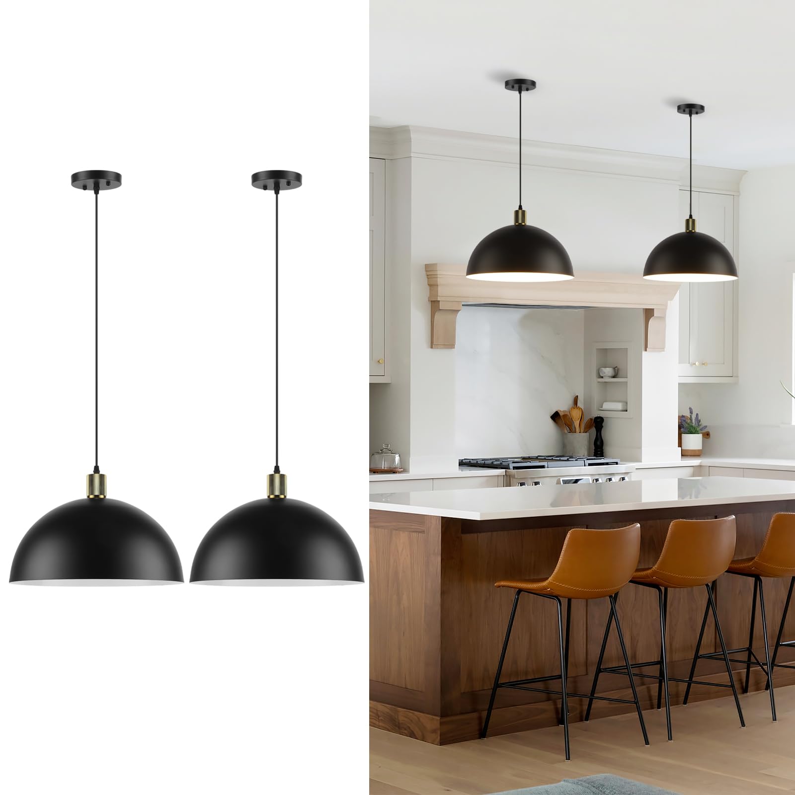 Photo 1 of Karjearl Black Pendant Light Fixtures 2 Pack, 15.7 Inch Large Dome Pendant Lighting Farmhouse Vintage Chandelier for Kitchen Island Dining Room