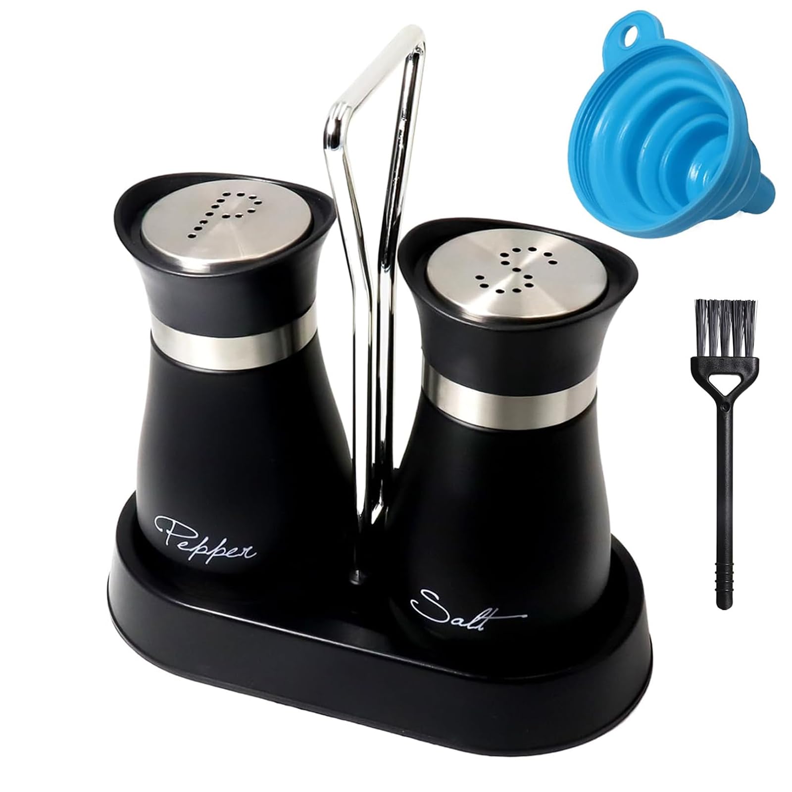 Salt and Pepper Shaker Set - Spice Dispenser with Holder Refillable for Home Kitchen Stainless Steel Glass Black