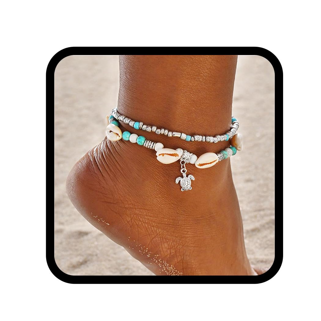 Handcess Boho Layered Seashell Anklets Silver Turtle Ankle Bracelets Turquoise Beads Foot Chain for Women and Girls