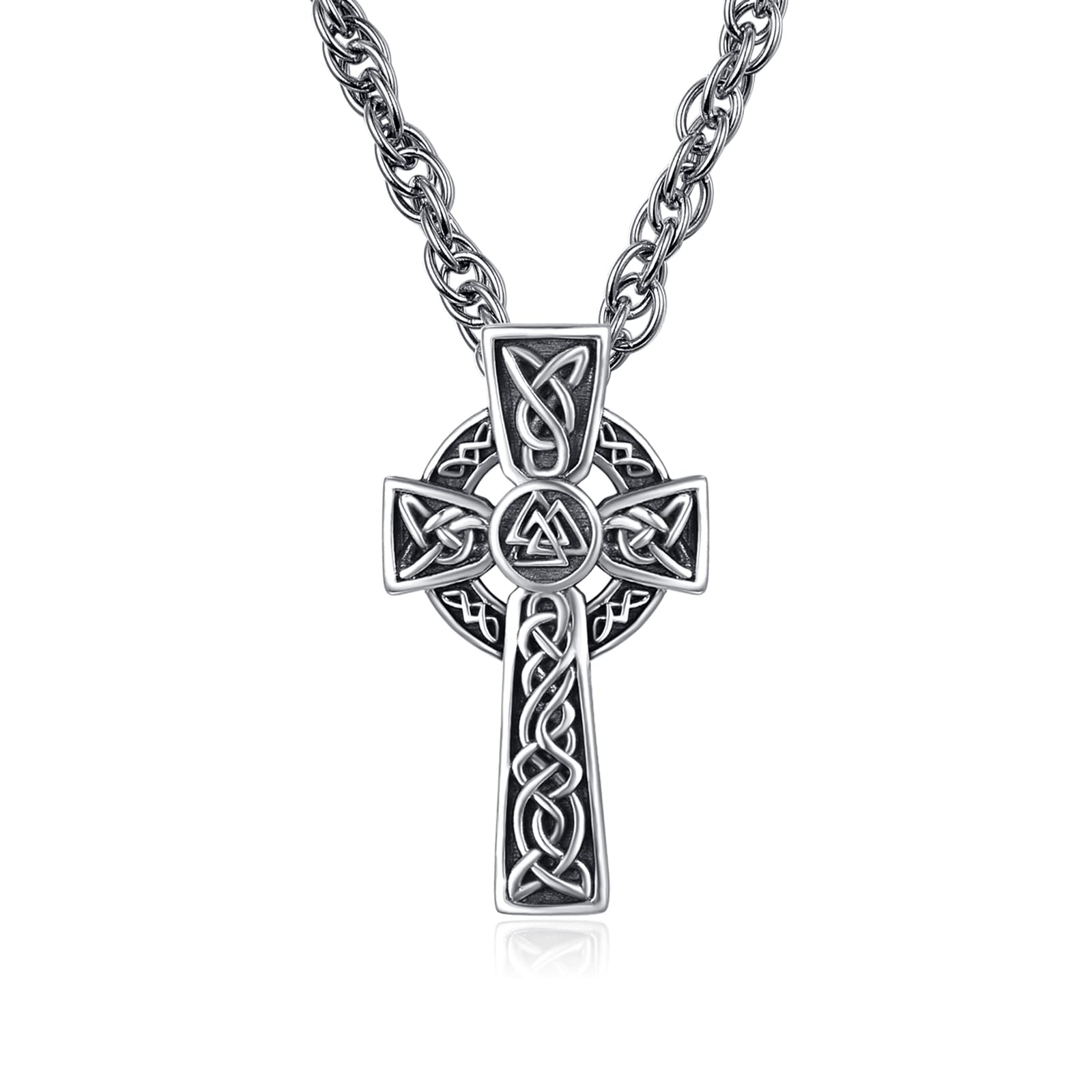 praymos Valentines Gifts for Him Celtic Knot Necklace Cross Pendant Triquetra Trinity Triangle Pendant Necklace for Men