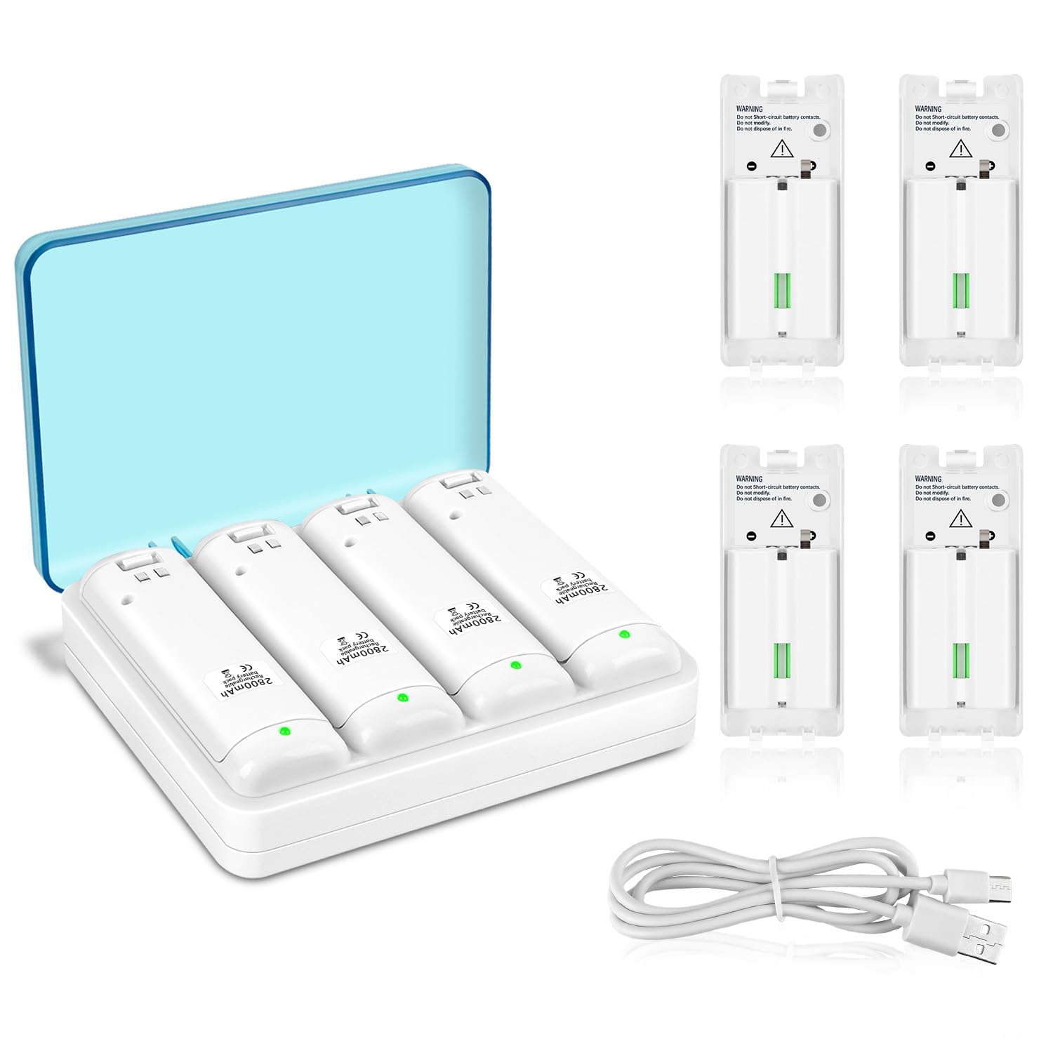 DTianSir Wii Remote Battery Charger,4 in 1 Charging Station with 4 Pack 2800mAh Rechargeable Battery,USB Cable for Wii/Wii U Remote Controller (White)