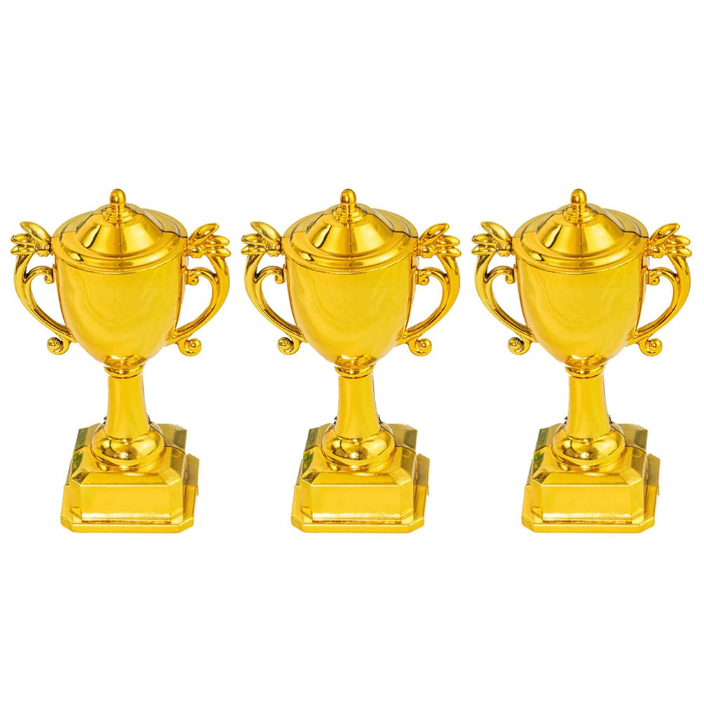 Amosfun 3pcs Mini Trophies Cup Winner Award Trophies Cupcake Topper for Football, Soccer, Baseball, Carnival Prize, Party Favors, Golden,8.5X5X5cm,F4275AN6K150KSQ8K