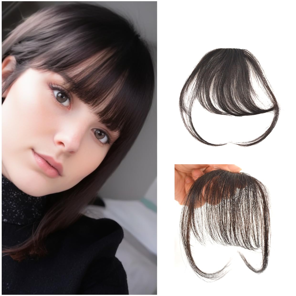 Clip in Bangs 100% Human Hair in Hair extensions Fringe with Temples Clip Hairpieces for Party and Daily Wear（Wispy Bangs,Natural Color）