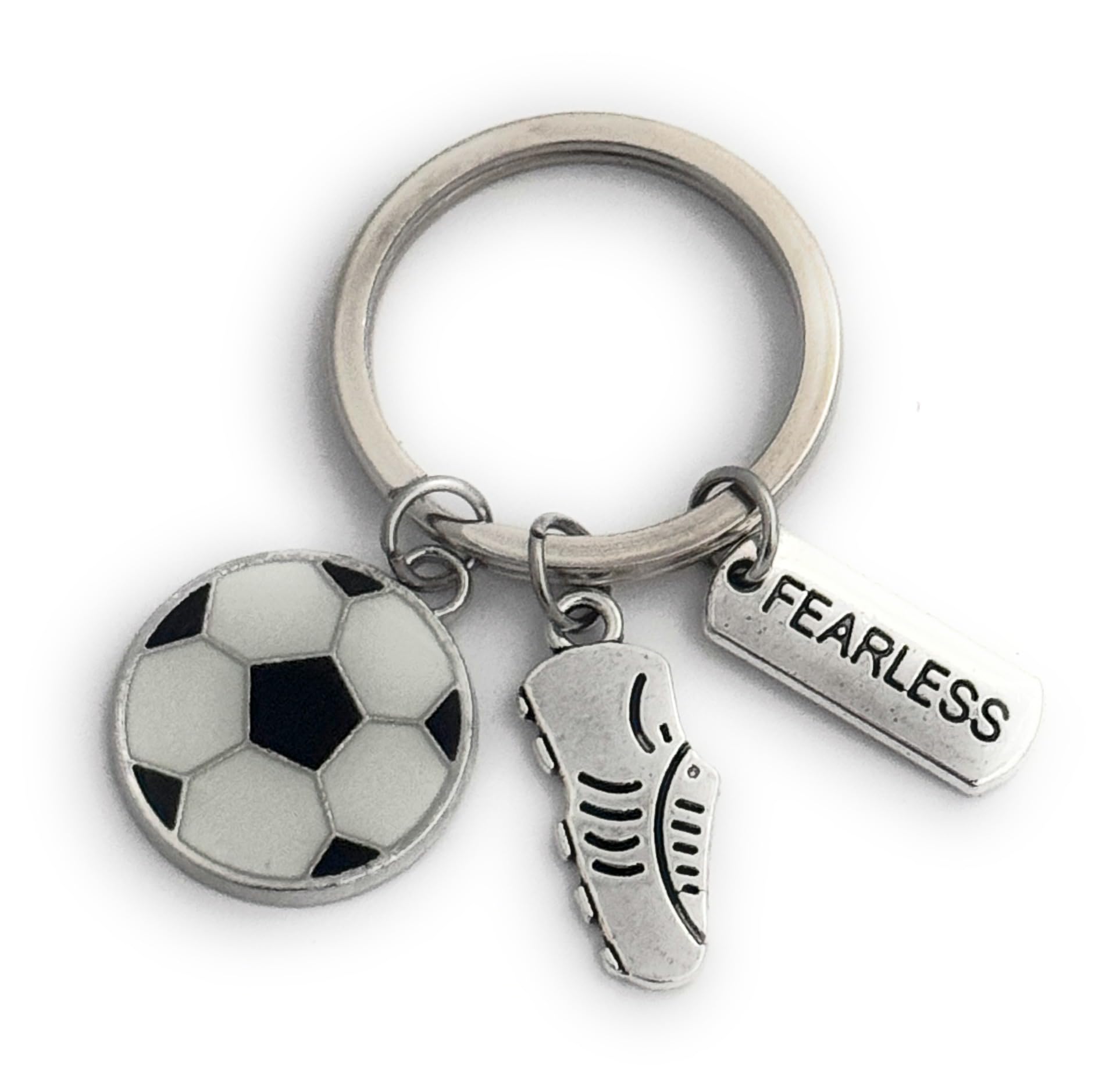 FizzyButton Gifts Footballer Charm Keyring Key Ring with Football, Boot and Fearless Charms