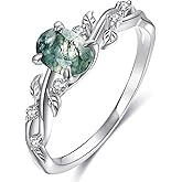 IRROYA Art Deco Natural Moss Agate Ring for Women 925 Sterling Silver Black Rutilated Quartz Gemstone Wedding Engagement Promise Ring for Her Size 4-9