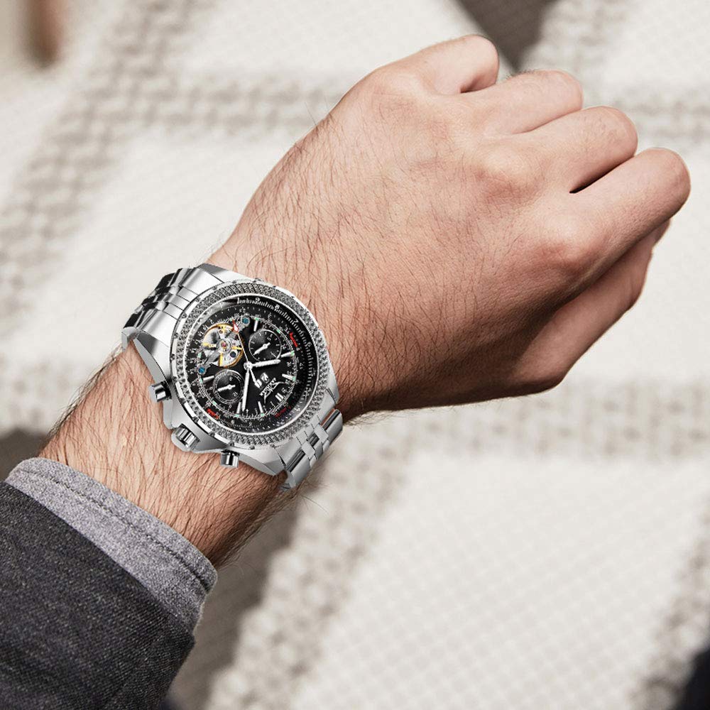 Gute Mens Watches, Mechanical Automatic Stainless Steel Waterproof Watch for Men, Luxury Big Face Multi Functional Tourbillon Calendar Wristwatch