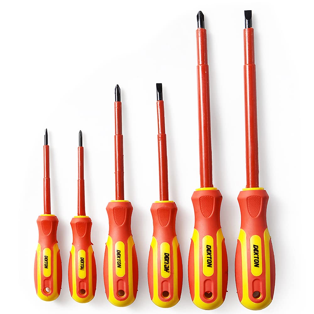 Dekton 6pc Insulated Screwdriver Set-6 Insulated Screwdrivers With Magnetic Tips And Ergonomic Handles| Slotted & Phillips Screwdrivers| Anti-slip Tips| High Voltage Safety| Ideal For Electricians Use