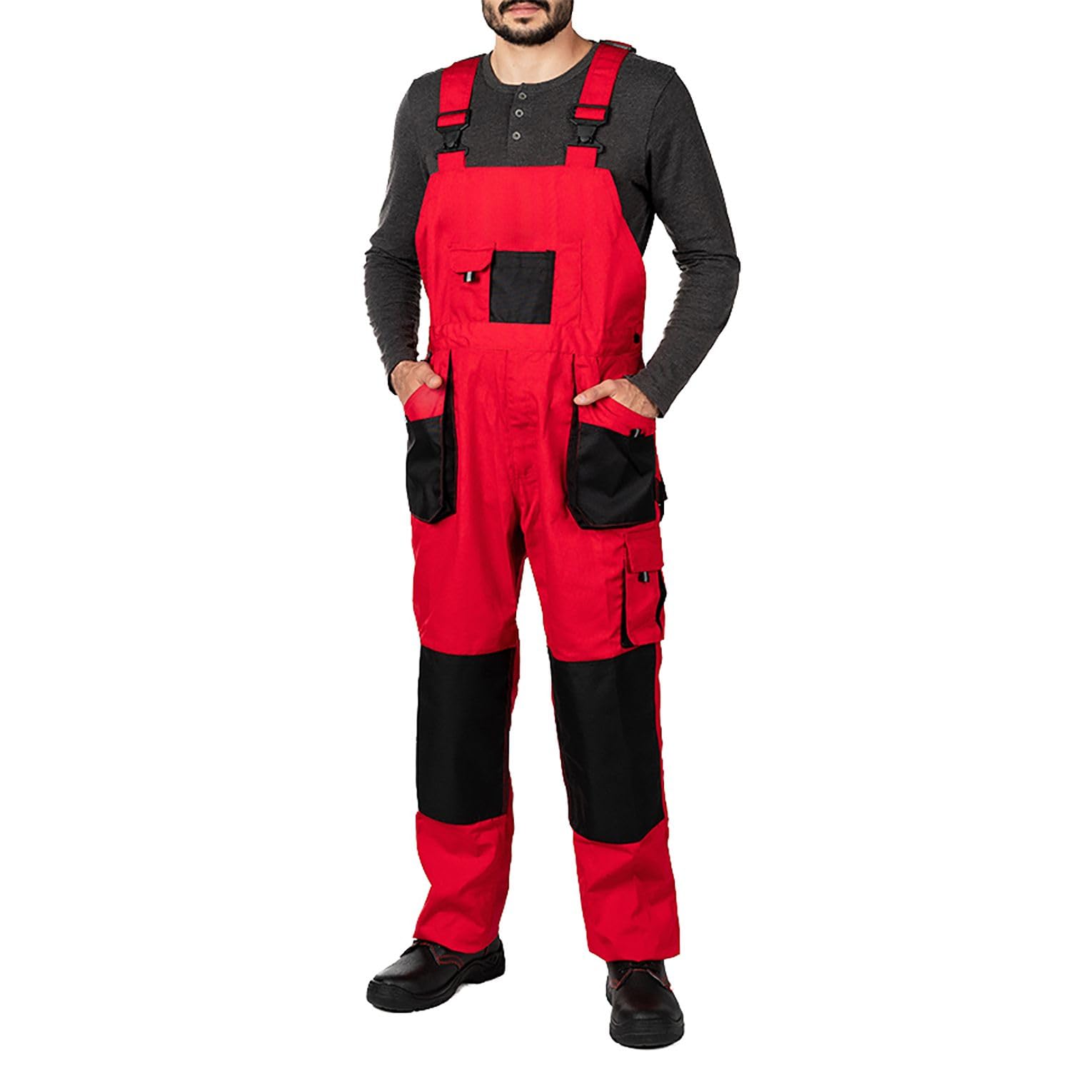 Mens Bib and Brace Overalls, Dungarees Men Black, Big Sizes, Work Trousers for Man, Knee Support with Knee Pads Pockets, Kneepad, Mens Work Pants, Heavy Duty, Red, 48-W32