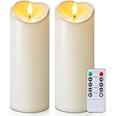Homemory Outdoor Waterproof LED Candles, Battery Operated with Remote and Timers, Electric Fake Plastic Pillar Candles, Ivory White, Set of 2
