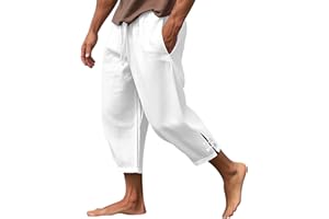 PETCDIM Men's Linen Casual Harem Capri Pants Lightweight Loose 3/4 Shorts Drawstring Elastic Waist Hippie Beach Yoga Trousers