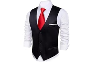 Barry.Wang Vest for Men Business/Leisure Dress Suit Vests V-neck 2 Pockets Wedding Party Tuxedo Satin Waistcoat