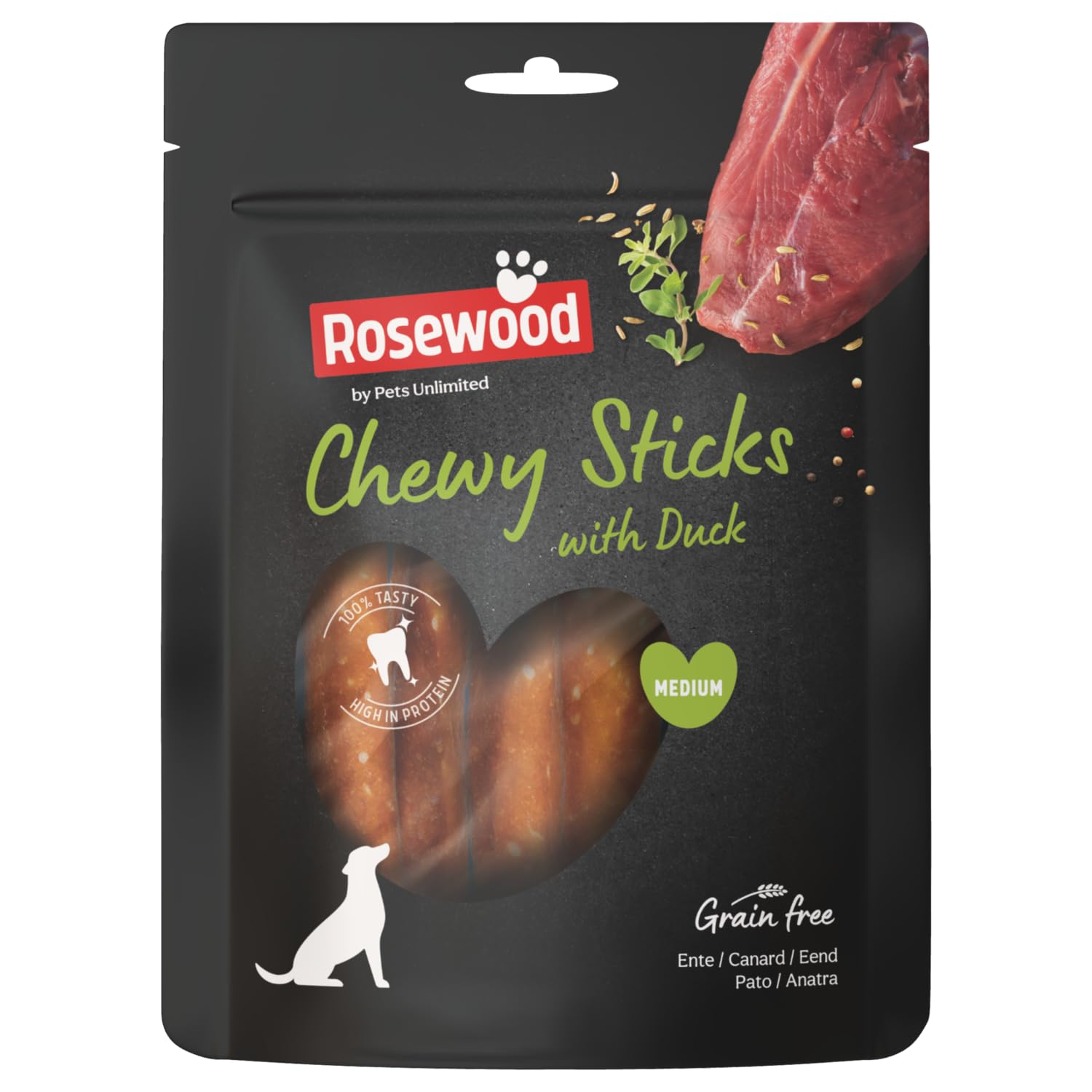 Rosewood Medium Chewy Sticks for Dogs - Made with Duck, Grain Free Chews, High Protein Dog Treats, By Pets Unlimited (4pc, 100g)