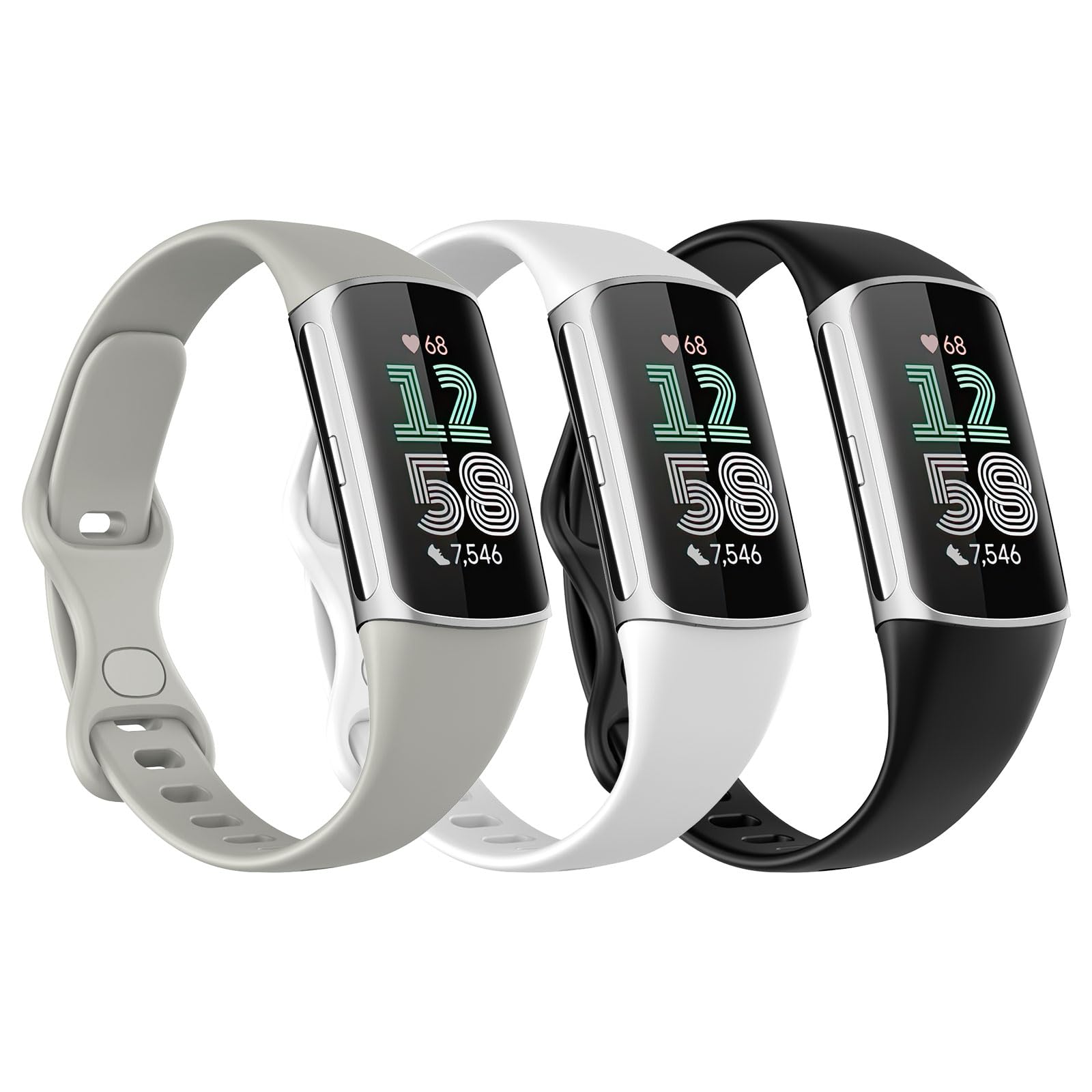 Astorgos 3 Pack Slim Straps Compatible with Fitbit Charge 6/Charge 5 for Women Men, Soft TPE Watch Strap Thin Band Replacement Wristband, Black/Rock Gray/White