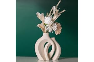 Levvohd Off White Hollow Ceramic Vase Set of 2, Round Modern Vase for Nordic Minimalist Book Style Shelf Decor, Donut Boho Aesthetic Vases for Trendy Home Living Room Entryway Coffee Table Decorative