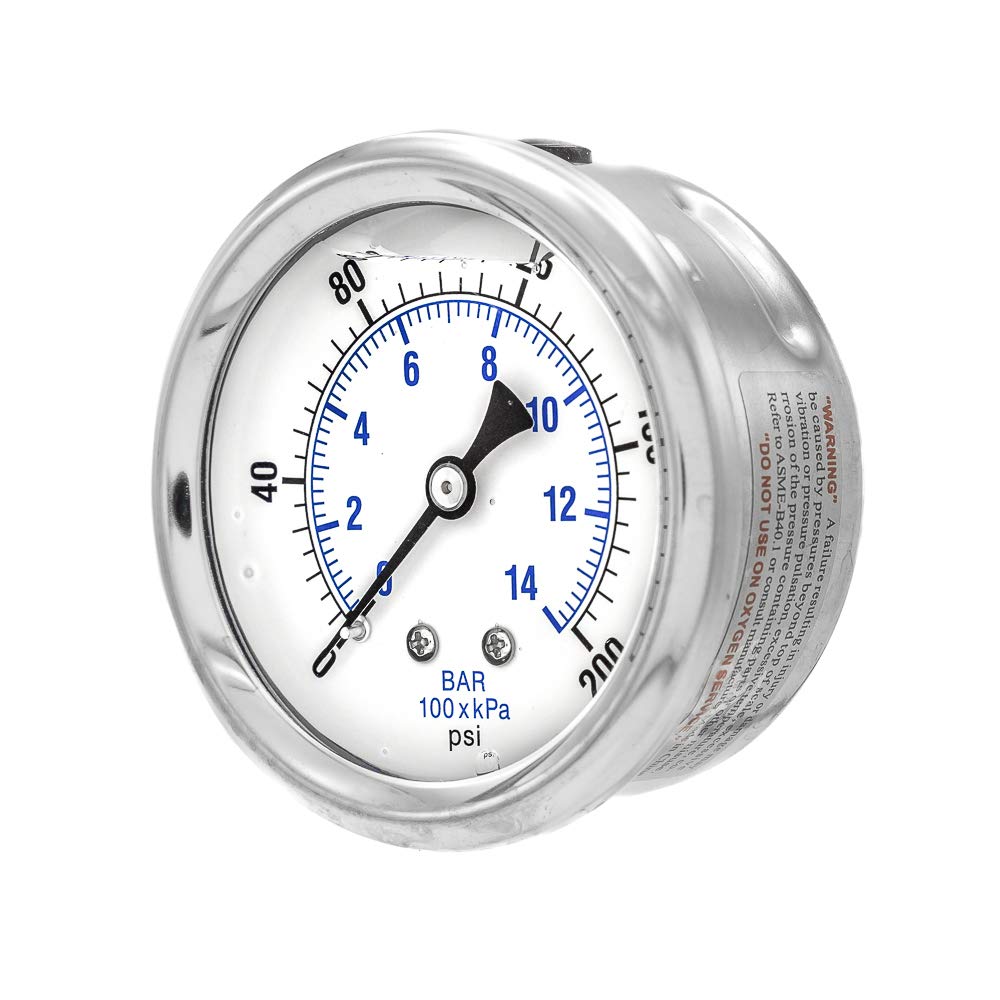 PIC Gauge PRO-202L-254G Glycerin Filled Industrial Center Back Mount Pressure Gauge with Stainless Steel Case, Brass Internals, Plastic Lens, 2-1/2" Dial Size, 1/4" Male NPT, 0/200 psi