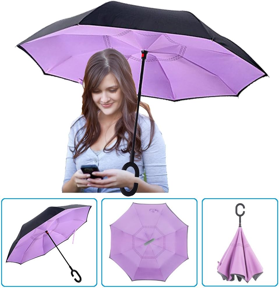 DOLIROX Creative Free Hand Double Layer Reverse Umbrella Windproof and Self Standing Inside Out Umbrella Best for Travelling and Car Use (Black & Purple)