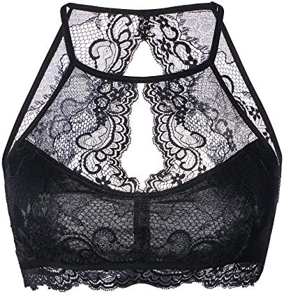 Women's Hi-neck Lace Halter Bralette Crop Top Floral Bra(8329-L, black)