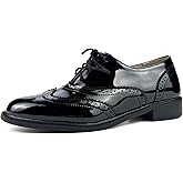 PIVAPAM Womens Oxfords Black and White Wingtip Chunky Heeled Patent Leather Vintage Brogue Lace Up Two Tone Saddle Shoes