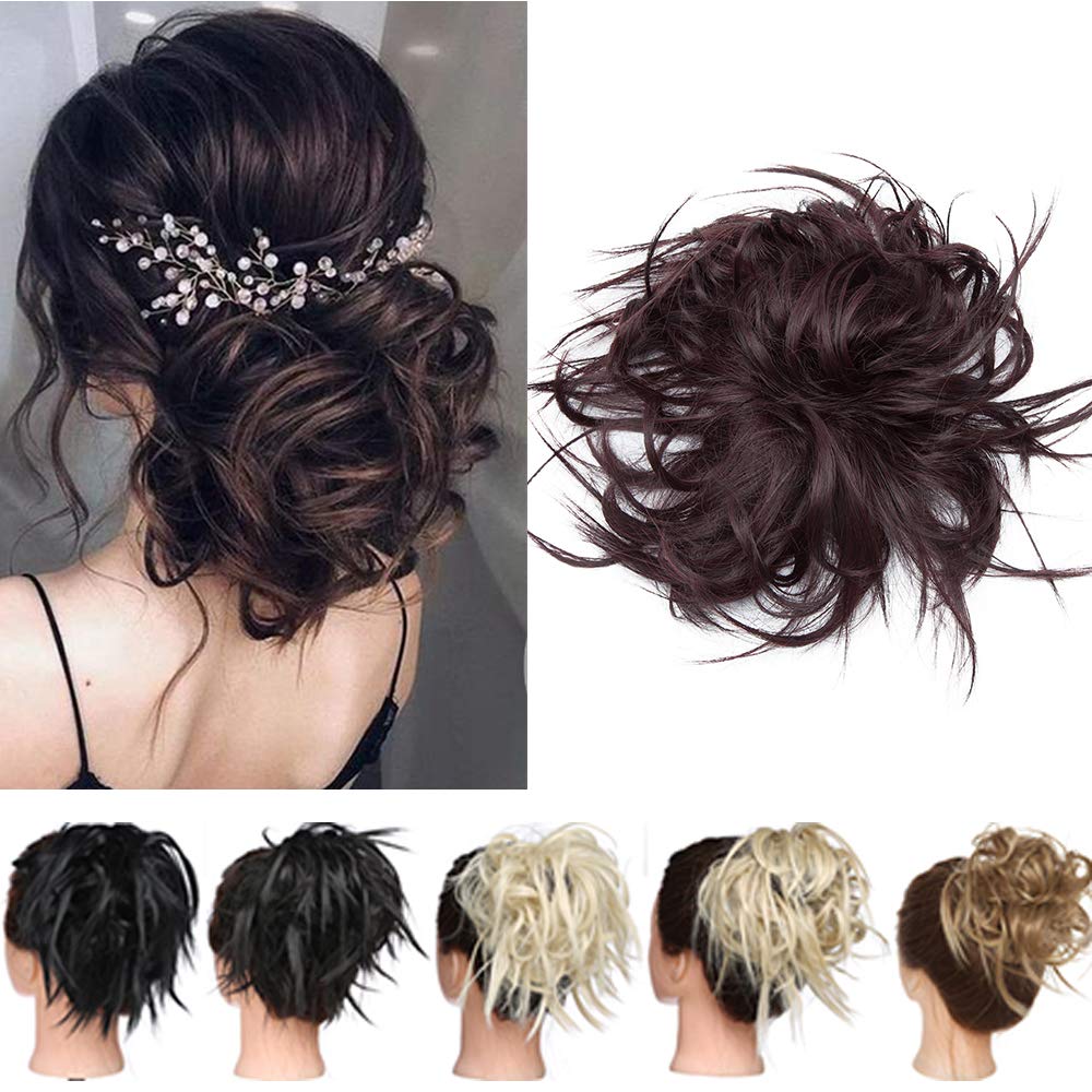 【45g】Tousled Updo Messy Hair Bun Hairpiece Synthetic Hair Extensions Scrunchie Scrunchy Ponytail Hair Acessory [Black & Wine Red]