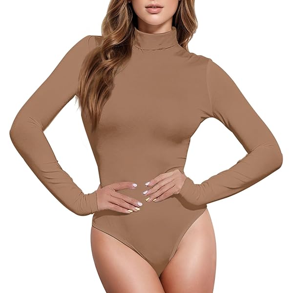 9*8様 house on the hill Bodysuit(Brown Ho JUNZAN Autumn Brown Bodysuit Tops for Women High-Neck Snap Leotard