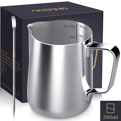 Milchkännchen,DINGHENG Milk Pitcher 350ml / 12 fl.oz. Milchkanne aus Edelstahl Milch Aufschäumen Krug Art Aufschäumkännchen? 