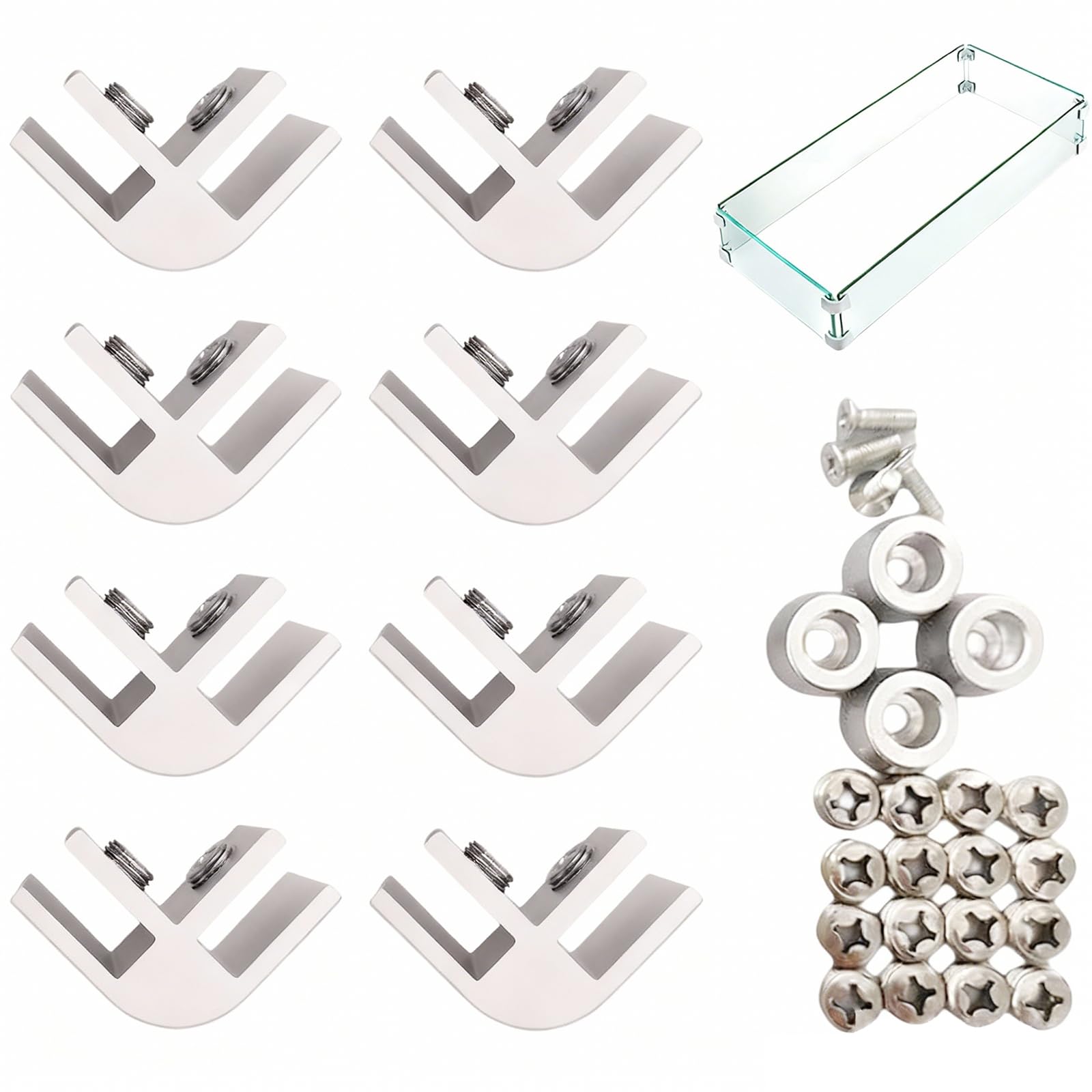 Xuoxeji 8 PCS Flame Guard Corner Hardware, Fire Pit Flame Wind Glass Guard Parts,Flame Guard Corner Glass Connector Kit, C Type Mounting Clips